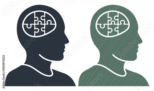 Brain Puzzle Illustration in Human Head Silhouettes Isolated on White