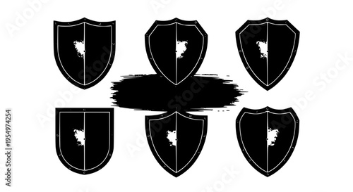 Shields black set with white outline and splatter effect, defensive symbols featuring protection icons, security graphics, grunge style with graphic