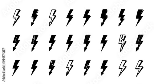 Lightning bolts hand drawn set with black grunge lines and distressed textures featuring bolt, electricity, thunder with weather and storm elements