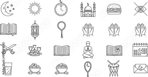 Ramadan Kareem and Islamic religious icon set in thin line style featuring mosque Quran lantern prayer beads dates and moon isolated on white