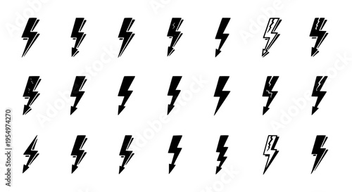 Lightning bolts hand drawn set with black brush strokes and dynamic abstract lines featuring electric, shock, energy with icons and collection