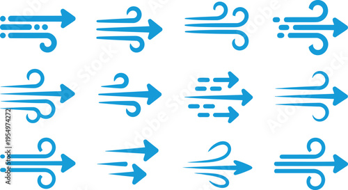 Multiple blue arrow icons depicting wind, air currents, and fast paced forward movement