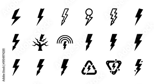 Lightning bolt icon set with various black silhouettes and symbols, including recycling and tree damage.