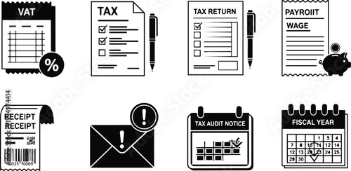 Vector line art icons tax documents receipts audit calendar piggy bank set for coloring book page simple black outline educational accounting theme minimal printable children activity