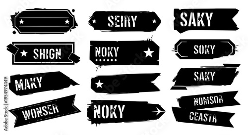 Labels grunge set with black banners and white text, distressed ribbons with star accents featuring sticker, tags, typography with graphic and design