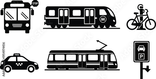 Vector art transport icons bus train tram taxi bicycle parking sign set for a coloring book bold simple outlines black silhouette high contrast scalable line art