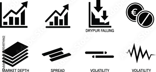 Minimalist icon set black finance symbols for coloring book showing rising chart falling chart stacked layers coins spread candlestick bars volatility heartbeat line bold outlines simple