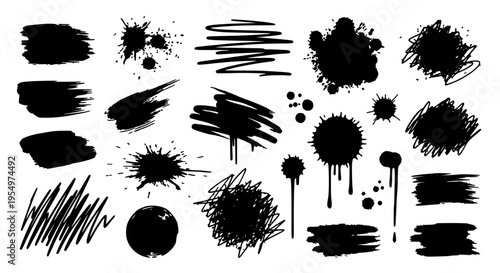Brush strokes set with black ink splatters and grunge textures, creative graphic elements for design