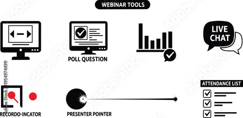 Flat design webinar tools icon set for coloring book with desktop poll chat presenter pointer attendance list and recording indicator in simple outline style black white