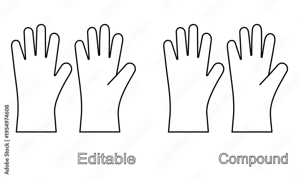 Fototapeta premium Garden gloves set, isolated on a white background. Editable and compound outline drawing. Linear icon, vector illustration. Template for coloring page.