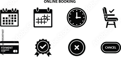 Vector icon set for coloring book showing calendar booking clock seat payment badge and cancel buttons simple bold line art for children activity educational printable pages