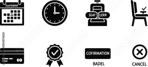 Minimalist vector icons sheet closeup booking calendar clock seat selection credit card badge confirmation and cancel symbols for coloring book label bold outline simple line art