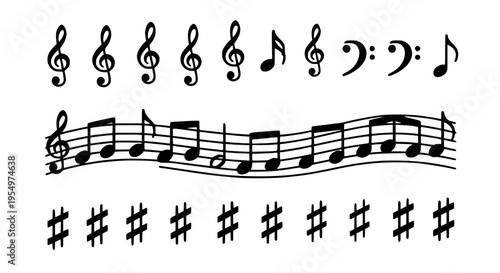 Music notes and symbols set with treble clef and sharp signs featuring musical notation, staff, melody with harmony and composition elements for