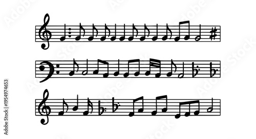 Sheet music with three staves and black musical notes on a white background featuring staff, treble clef, bass clef with notation and treble staff