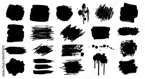 Brush strokes set with black grunge textures and splatters on white background featuring abstract, artistic, hand drawn with illustration and design