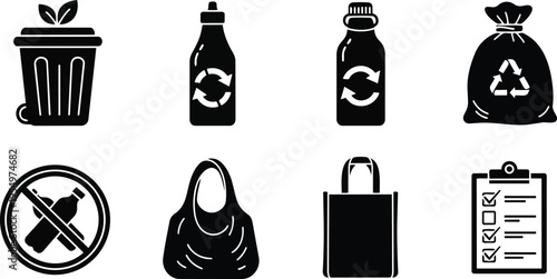 Monochrome flat design recycling icons set close up eight symbols for coloring book simple plastic bottle bag bin no plastic sign tote checklist line art outline