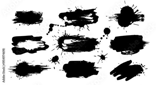 Stains ink set with black grunge splatters and brush strokes on white background for artistic design