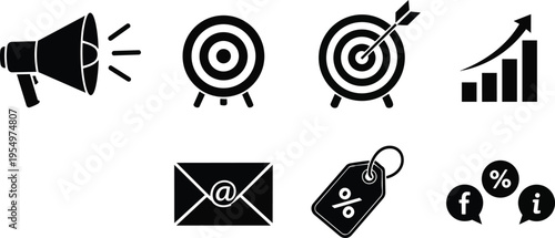 Vector line art close up marketing icons megaphone target arrow bar chart email tag speech bubbles arranged in horizontal row for coloring book simple outline style