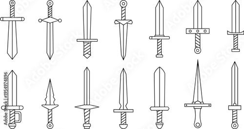 Sword outline icons set with medieval weapons simple line art vector illustration