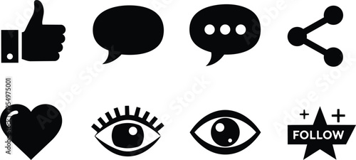 Minimalist icon set simple black silhouette social media interface icons showing thumbs speech bubbles share heart eye and follow star for coloring book page label printable