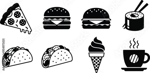 Minimalist vector icons set of assorted fast food items viewed from front with clear outlines for a coloring book simple bold playful easy to color