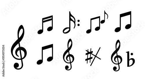 Music notes hand drawn set with black curved lines and symbols on white background featuring treble clef, bass clef, sharp with flat and natural