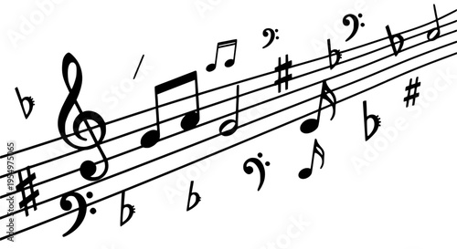 Music notes and symbols on five-line staff with treble clef, sharp and flat signs, and various rhythmic patterns
