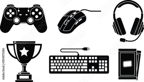 Vector art close up gaming controller mouse headset trophy keyboard and snack pack icons arranged on plain background for coloring book simple line art monochrome bold