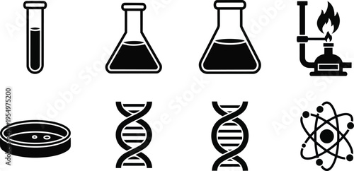 Vector art laboratory icons set close up test tubes flasks bunsen burner petri dish dna atom arranged for coloring book educational science page simple bold outline