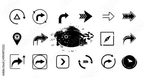 Arrows hand drawn set with black curved lines and directional symbols featuring icons, vector, illustration with graphics and signs elements for