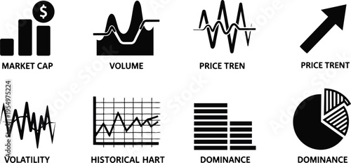 Minimalist vector icon sheet of financial charts and symbols for a coloring book showing bar chart coin arrow pie chart and waveform in bold outlines clear