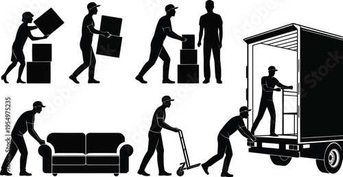 Silhouettes of movers loading and unloading items including boxes and furniture into a truck