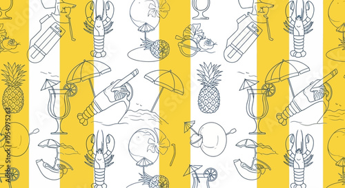 Seamless Pattern with Summer Beach Elements, Lobsters, Cocktails, and Pineapples on Yellow Striped Background
