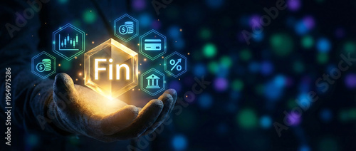 Hand holding glowing fintech innovation icon with digital finance technology hologram elements and futuristic background