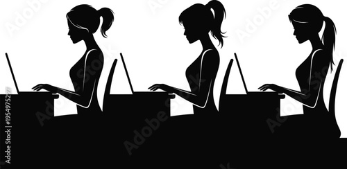 Silhouettes of three focused women busily typing on laptops at individual desks in a professional setting