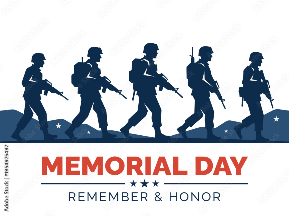 Obraz premium Memorial Day banner with silhouettes of soldiers marching in line, stars, and remember and honor text on white background.