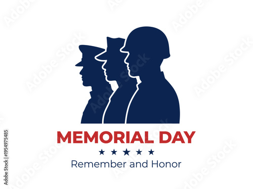 Memorial Day greeting card with silhouettes of three soldiers, stars and remember and honor text on white background.