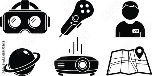Vector art vr gadget icons close up view gaming controller headset vr person planet projector map with location pin set for coloring book pages simple outline