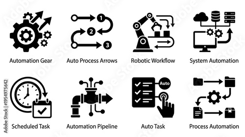 Automation & Manufacturing Vector Icons – Workflow, Robotics, Scheduling & Control