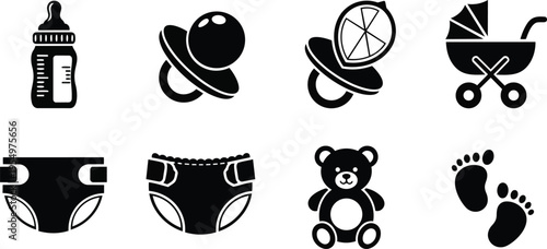 Simple black and white baby icons set for coloring book with pacifier bottle stroller two diaper styles teddy bear footprints close up outline minimalist vector art