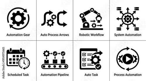 Automation & Manufacturing Vector Icons – Workflow, Robotics, Scheduling & Control