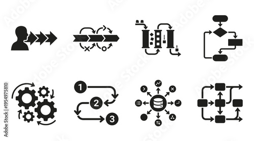 Process Diagram & Workflow Vector Icons – Data Flow, Automation & Decision Making
