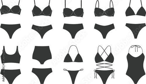 Black Silhouette of Women's Swimwear and One-Piece Swimsuit