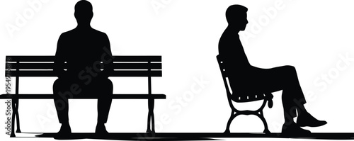 Silhouettes of two men relaxing on park benches against a clean white background