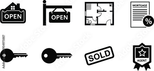 Line art top view real estate icons set for coloring book open sign hanging open floor plan mortgage document keys sold stamp agent badge simple outline