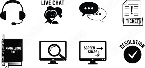 Flat icon set headset live chat speech bubbles ticket book computer magnifier screen share resolution checkmark for coloring book vector art simple black and white outline