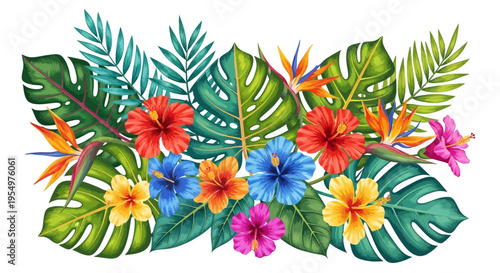 Vibrant tropical leaves and colorful hibiscus flowers arrangement, exotic summer bouquet, isolated white background.
