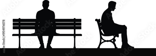 Silhouettes of two men sitting on different styled park benches showing various postures