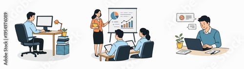 Work illustration set. Editorial illustration showing work tasks and teamwork