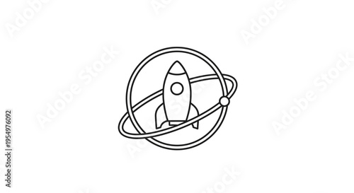 Outline rocket orbiting a central point with an additional orbiting element on an isolated white background, symbolizing complex development, space systems, and strategic startup growth.